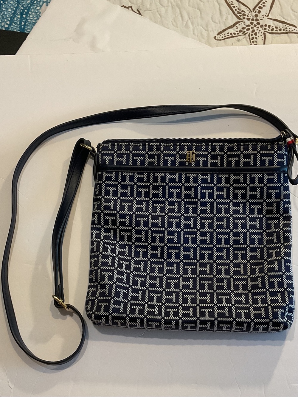 Tommy Hilfiger Navy and White Monogram Crossbody with Gold Logo
